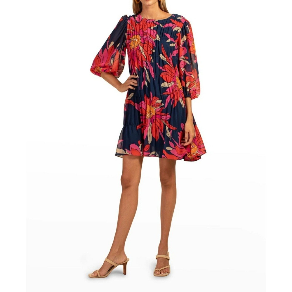 Trina Turk Silvery Dress Womens M Bright Colorful Floral Pleated‎